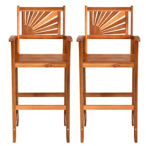 Reddish Brown Acacia Wood Outdoor Bar Stool with Footrest and Backrest and Armrest (2-Pack)