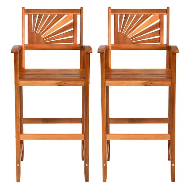 HONEY JOY Reddish Brown Acacia Wood Outdoor Bar Stool with Footrest and Backrest and Armrest (2-Pack)
