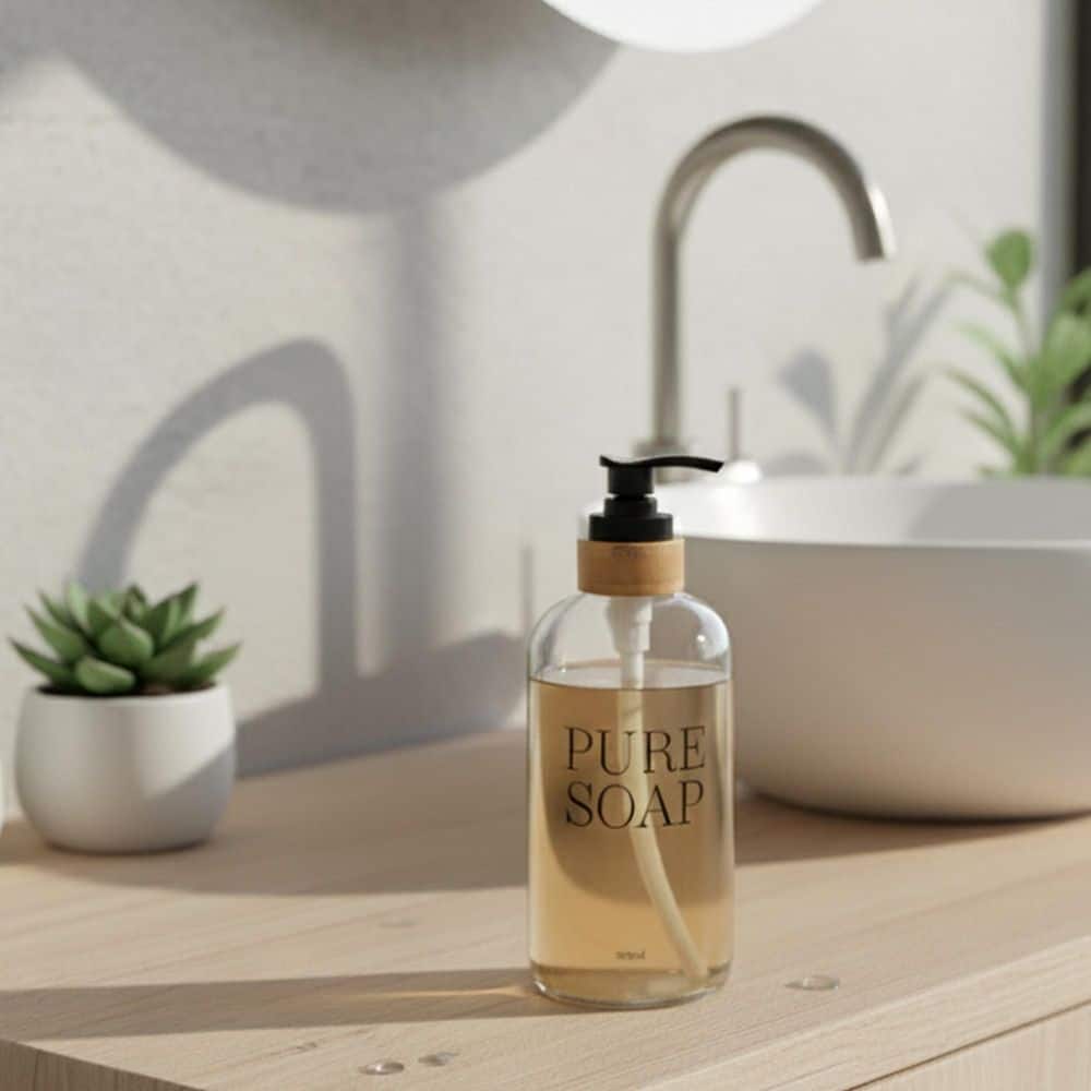 Pure Soap Freestanding Soap Dispenser 17 FL OZ in Glass and Bamboo