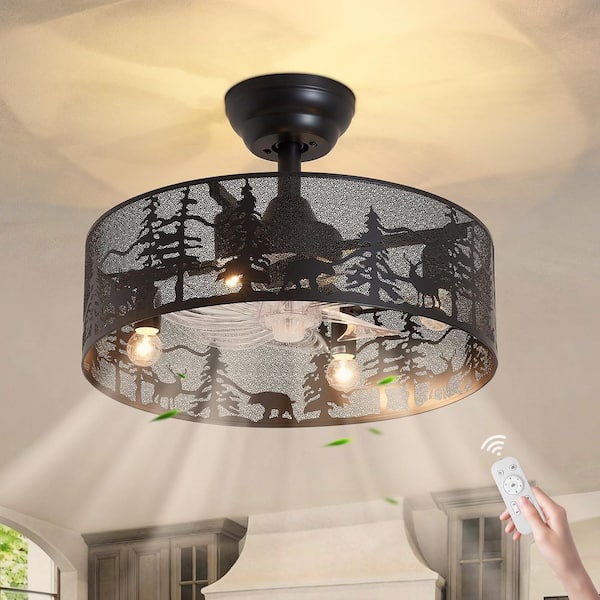 17.7 in. Black Metal Downrod Mount Ceiling Fan with Light, Wildlife Rustic Forest Fandelier with ABS Blades and Remote