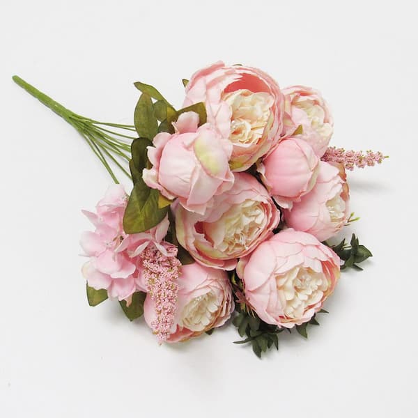 19 in. Cream Pink Artificial Mixed Peony Hydrangea Flower Stem Bush Bouquet