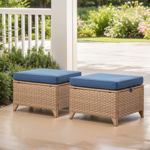 moosprr Yellow Wicker Outdoor Ottoman with Blue Cushions (2-Pack)