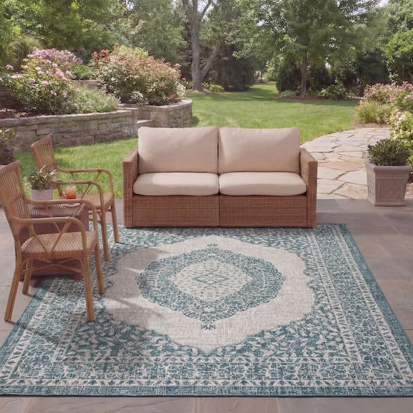 Courtyard Light Gray/Teal 8 ft. x 11 ft. Border Indoor/Outdoor Patio  Area Rug