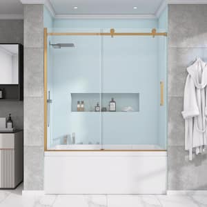 59 in. W x 60 in. H Frameless Glass Single Sliding Bath Tub Door For Shower in Brushed Gold with 5/16 in Clear Glass