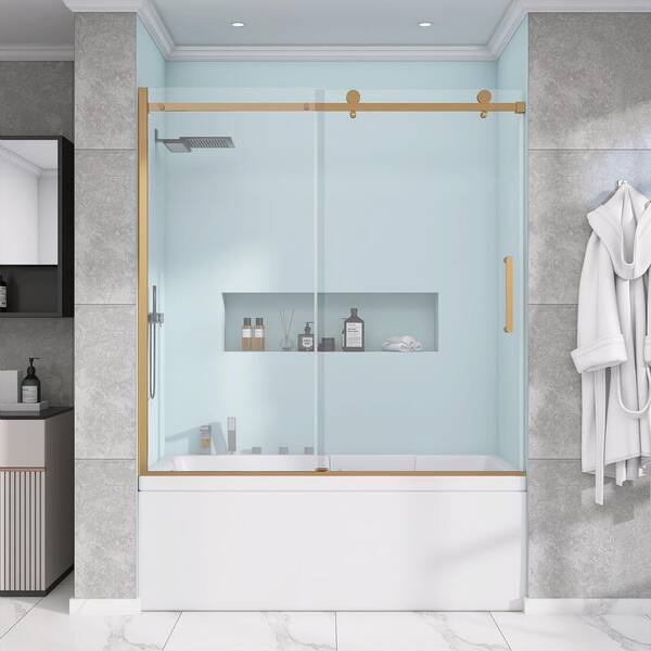 Zeafive 59 in. W x 60 in. H Frameless Glass Single Sliding Bath Tub Door For Shower in Brushed Gold with 5/16 in Clear Glass