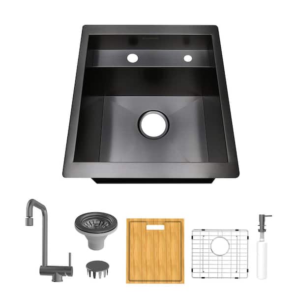 Zero Radius 17 in. Undermount Single Bowl 18G Gunmetal Black Stainless Steel Workstation Bar Sink with Folding Faucet