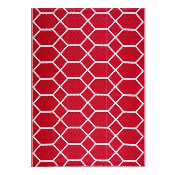 Miami Red and White 8 ft. x 10 ft. Folded Reversible Recycled Plastic Indoor/Outdoor Area Rug-Floor Mat