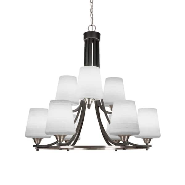 Unbranded Madison 9-Light Matte Black and Brushed Nickel Round Chandelier with 6 in. White Matrix Glass Shades, No bulbs included