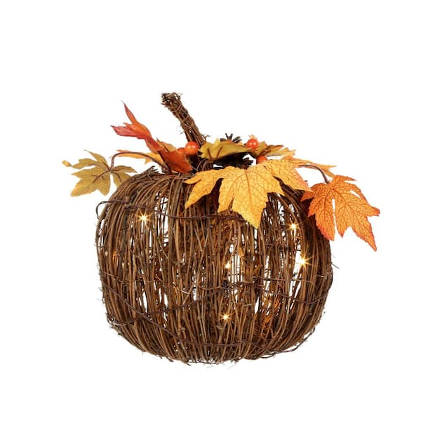 Home Accents Holiday 11 in. Harvest Twig Pumpkin with 15 LED Lights