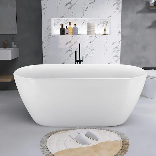 UPIKER 59 in. Acrylic Rectangular Shaped Freestanding Flatbottom Double-Ended Soaking Non-Whirlpool Bathtub in White