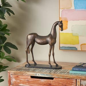 Bronze Poly Stone Horse Sculpture with Brushed Gold Accents and Black Oval Base