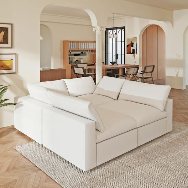 Magic Home 79 in. Modular White Linen Full Size 4-Seat Convertible Sleeper Sofa Bed with Washable Cover for Small Spaces