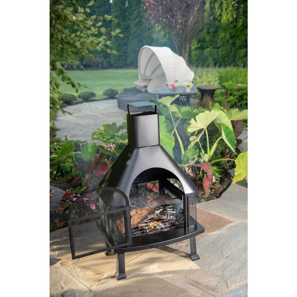 Black Steel Free-Standing Wood Burning Chimenea Fire Pit