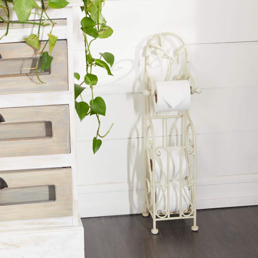 Ivory White Metal Freestanding Toilet Paper Holder with Scroll Design