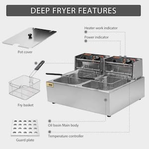 20.7 Qt. Stainless Steel Electric Deep Fryer with 2 6.35 Qt. Removable Baskets and Temperature Limiter