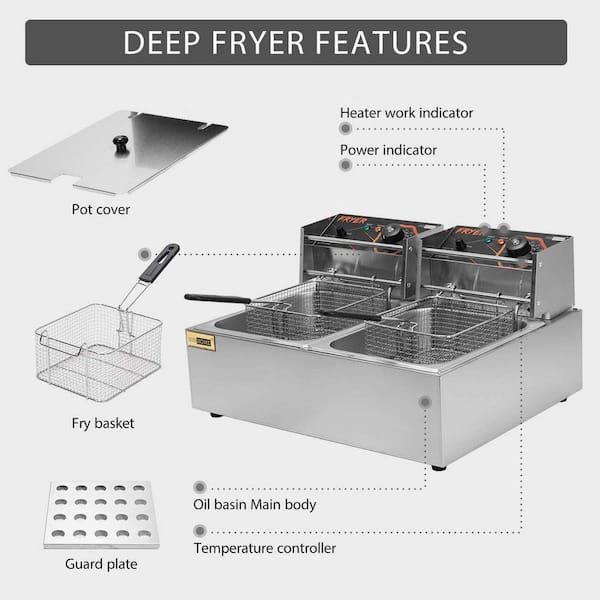 20.7 Qt. Stainless Steel Electric Deep Fryer with 2 6.35 Qt. Removable Baskets and Temperature Limiter