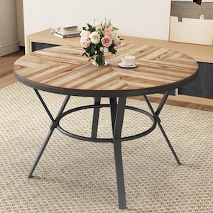 Arcans Modern Light Birch + Black Wood 4 Legs Round Dining Table, 4-Seat