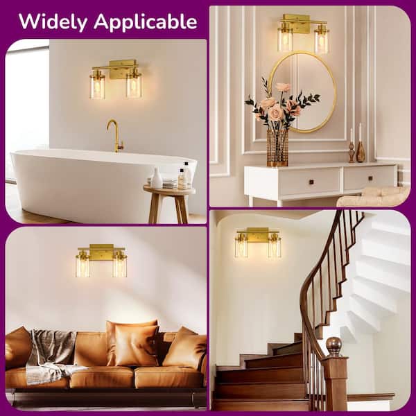 13.9 in. 2 Light Satin Brass Vanity Light with Clear Glass Shade