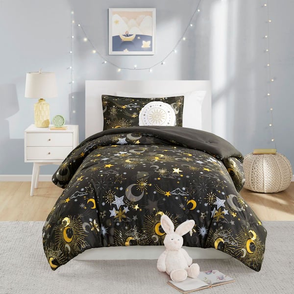 Intelligent Design Kids Ariella 4-Piece Charcoal/Gold Polyester Full/Queen Starry Sky Metallic Comforter Set with Throw Pillow