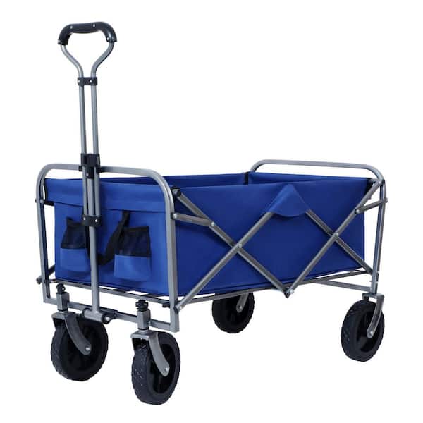 4 cu. ft. Steel Garden Cart, Foldable 4-wheel cart with drink holder for shopping, garden, groceries, camping, Blue