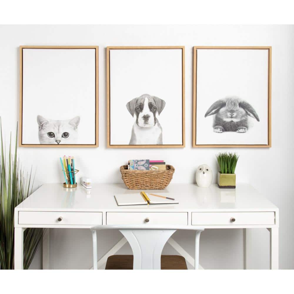 Natural Wood Framed Black and White Rabbit Canvas Art 24" x 18"