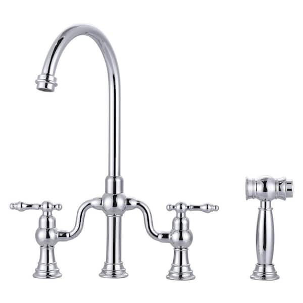 Solid Brass Double Handle High-Arc Deck Mounted Bridge Kitchen Faucet with Side Sprayer in Polished Chrome