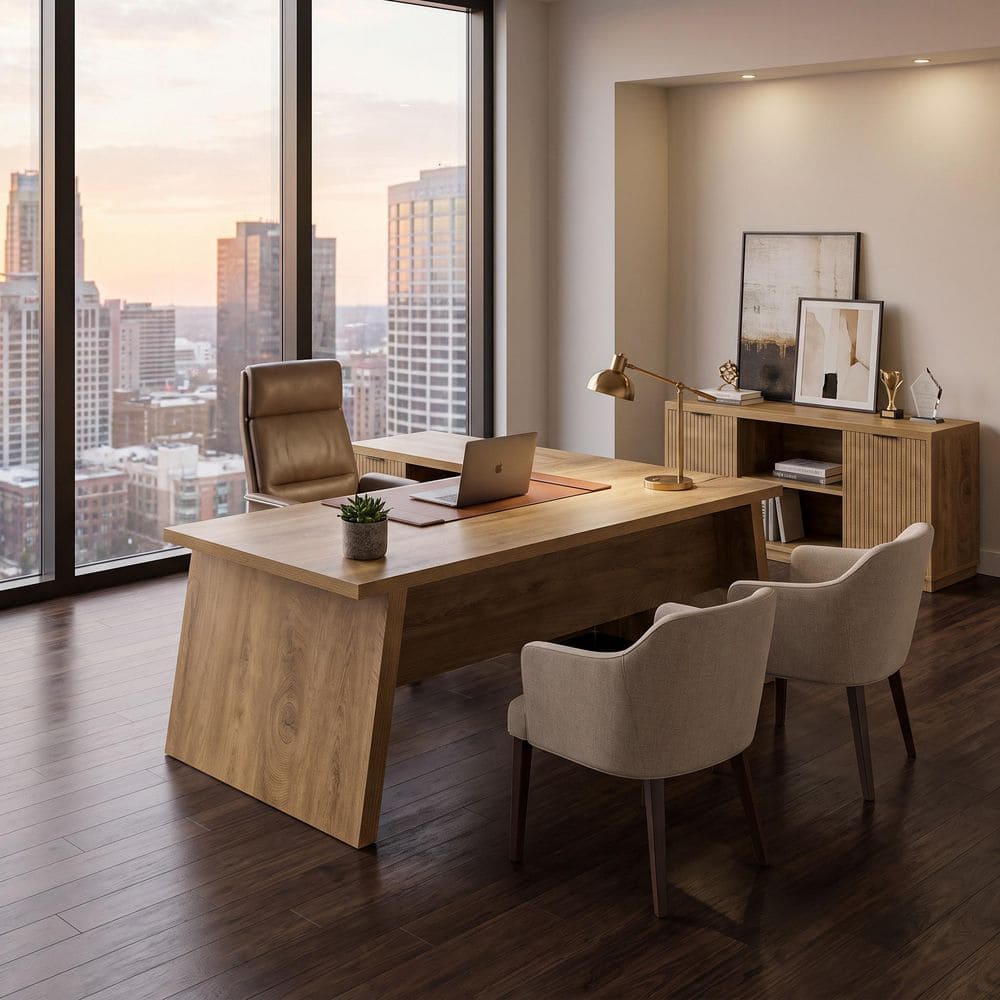 78 in. L-Shaped Walnut Wood Executive Desk with 2 Drawers and Storage Cabinet, Computer Desk with Open Shelves