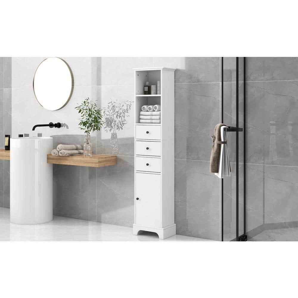 15 in. W x 10 in. D x 68 in. H White MDF Freestanding Linen Cabinet with 3-