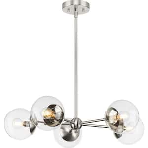 Atwell Collection 28 in. 5-Light Brushed Nickel Mid-Century Modern Chandelier with Clear Glass Shade