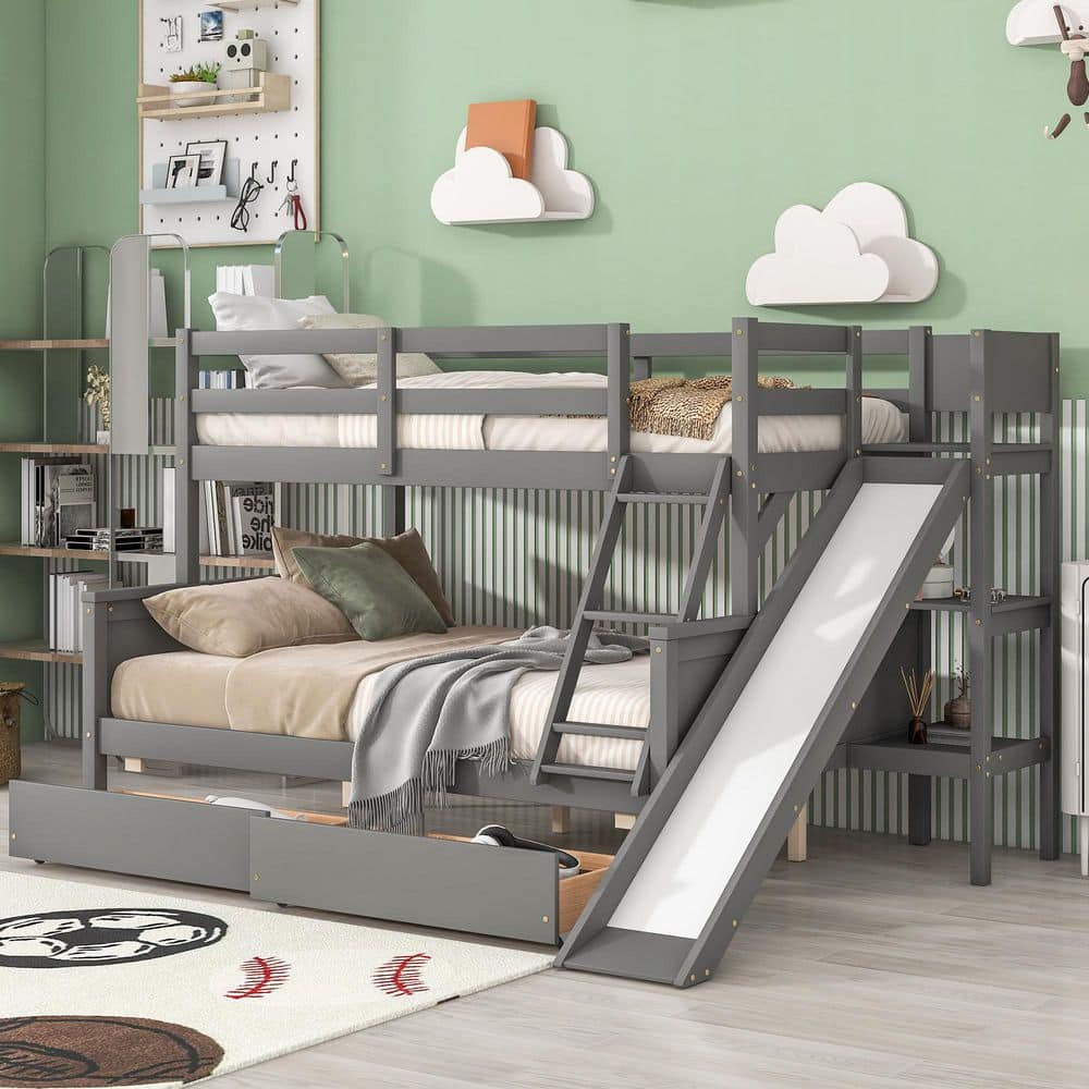 ANBAZAR Gray Twin Over Full Wood Bunk Bed with Slide, Detachable Two