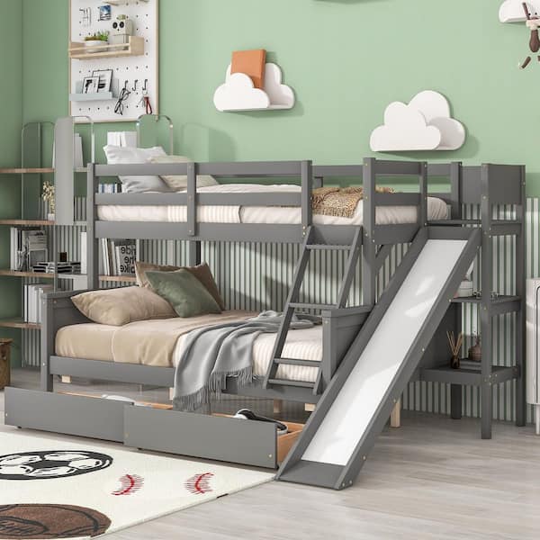 ANBAZAR Gray Twin Over Full Wood Bunk Bed with Slide, Detachable Two Kids Bunk Bed with Drawers and Shelves, Wood Kids Bunk Bed