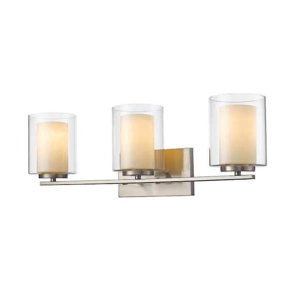 Unbranded Willow 24 in. 3-Light Brushed Nickel Steel Contemporary Vanity Light with Clear Outside, Matte Opal Inside Glass Shades