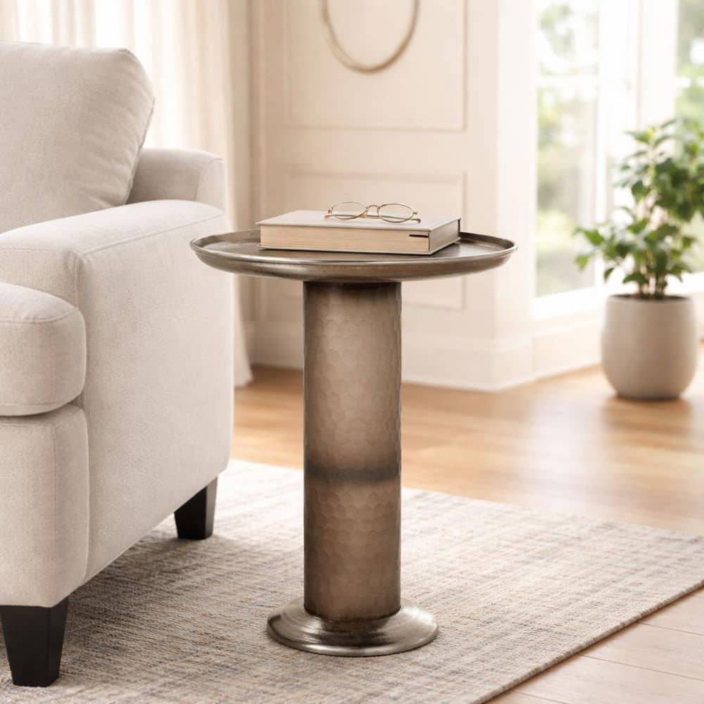 16 in. W x 21 in. H Silver Metal Round Top End Table with Brown Textured Glass Pedestal Base