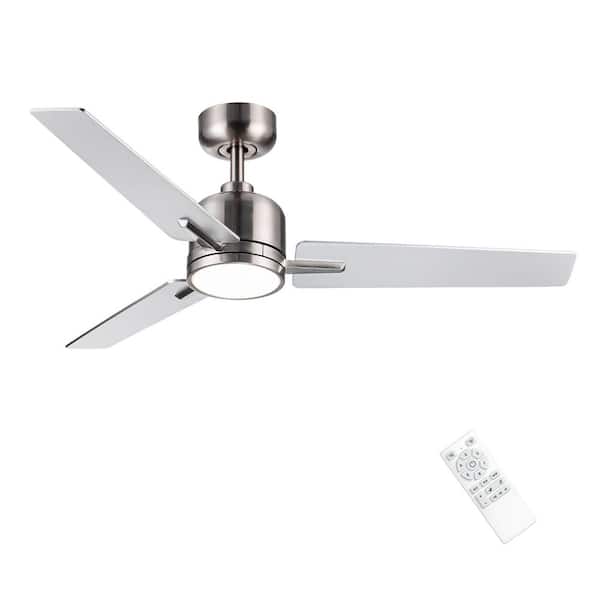 48 in. Modern Brush Nickel 6-Speed White Blades Downrod Mount Standard Ceiling Fan with 3-Color Dimmable LED Light