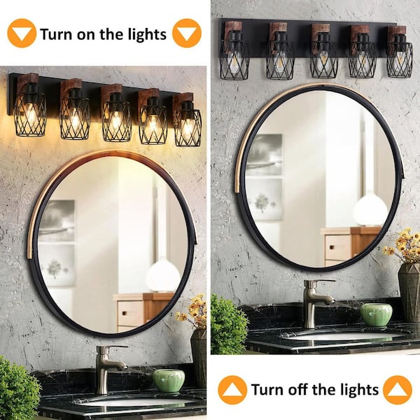 31 in. 5-Light Black Vanity Light with Wood Accents and Drum Metal Cage Shade