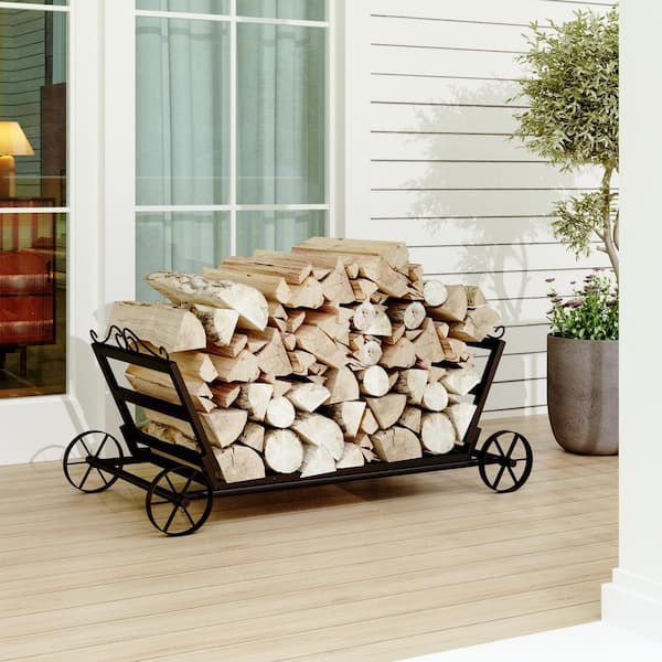 37.72 in. x 21.06 in. x 15.75 in. Heavy-Duty Steel Firewood Rack with Decorative Wheels for Indoor/Outdoor Use