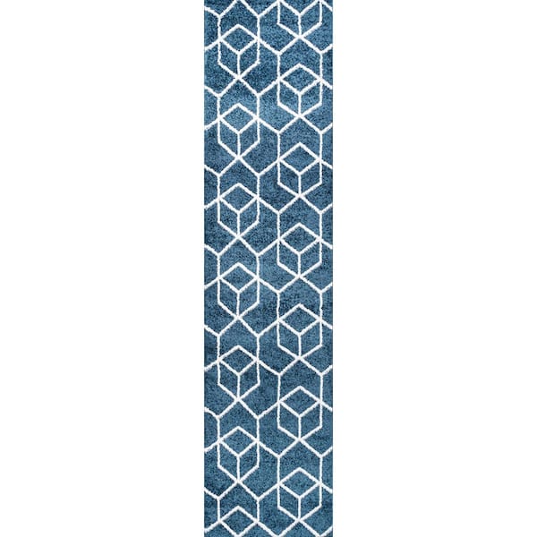 Tumbling Blocks Modern Geometric Navy/White 2 ft. x 8 ft. Area Rug