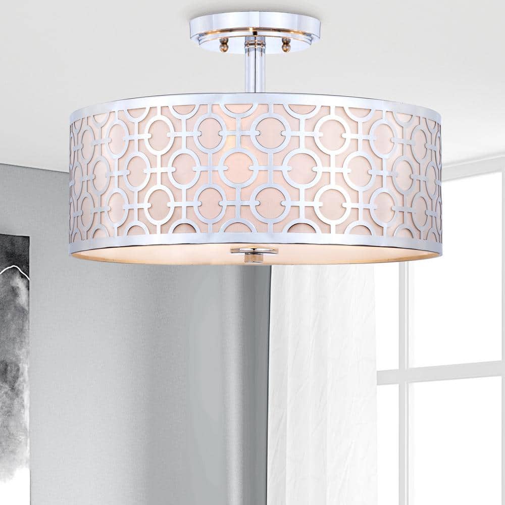 Modern Chrome Drum 15.5" Incandescent Flush Mount Ceiling Lamp