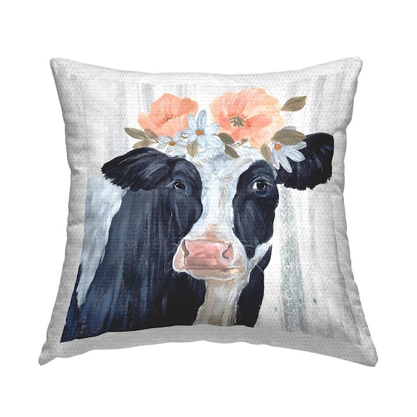 Stupell Industries Pink Floral Farm Cow Portrait Black Square Outdoor Throw Pillow
