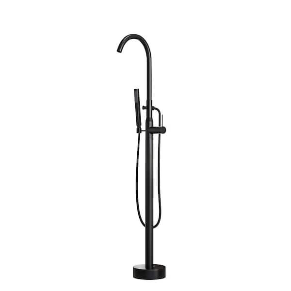 1-Handle Freestanding Floor Mount Roman Tub Faucet Bathtub Filler with Hand Shower in Matte Black