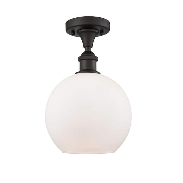 Athens 8 in. 1-Light Oil Rubbed Bronze Industrial Semi-Flush Mount with Frosted Glass Shade