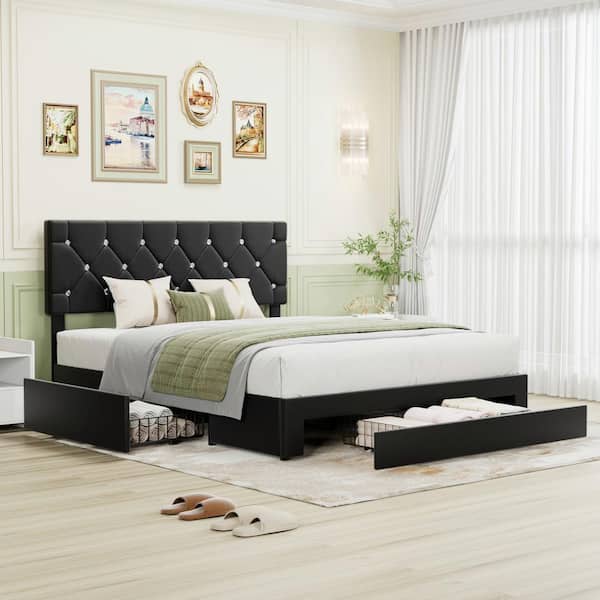 VECELO Upholstered Storage Bed Black Metal Frame Queen Platform Bed with 3 Drawers, Faux Leather Tufted Headboard & Wood Slats