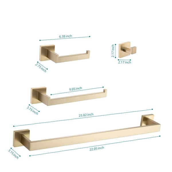 4-Piece Stainless Steel Bath Hardware Set with Mounting Hardware, Robe Hook, Towel Bar in Brushed Gold