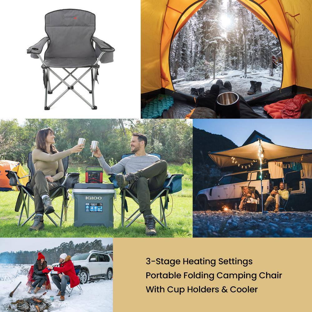 Gray Heated Folding Camping Chair with Cooler and Cup Holders