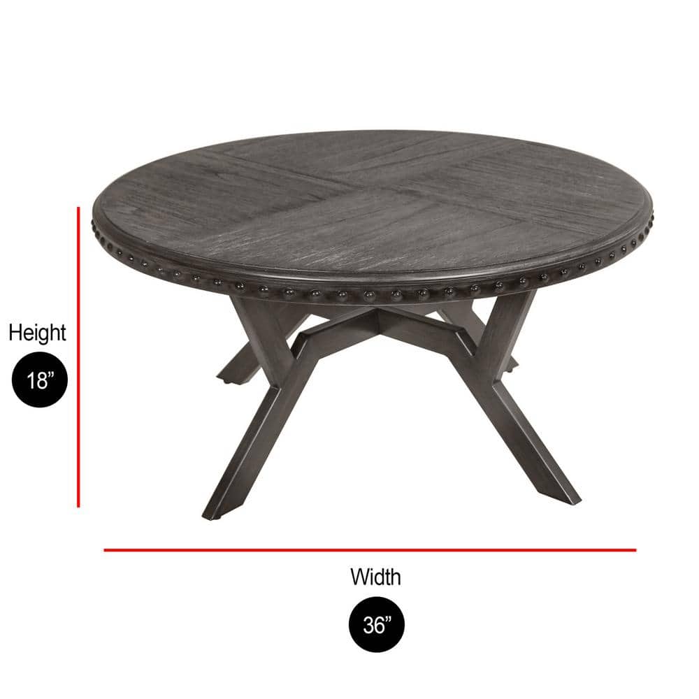 Gray Round Wood and Metal Coffee Table with Nailhead Trim