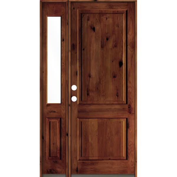 Krosswood Doors 46 in. x 96 in. Rustic knotty alder 2-Panel Right-Hand/Inswing Clear Glass Red Chestnut Stain Wood Prehung Front Door