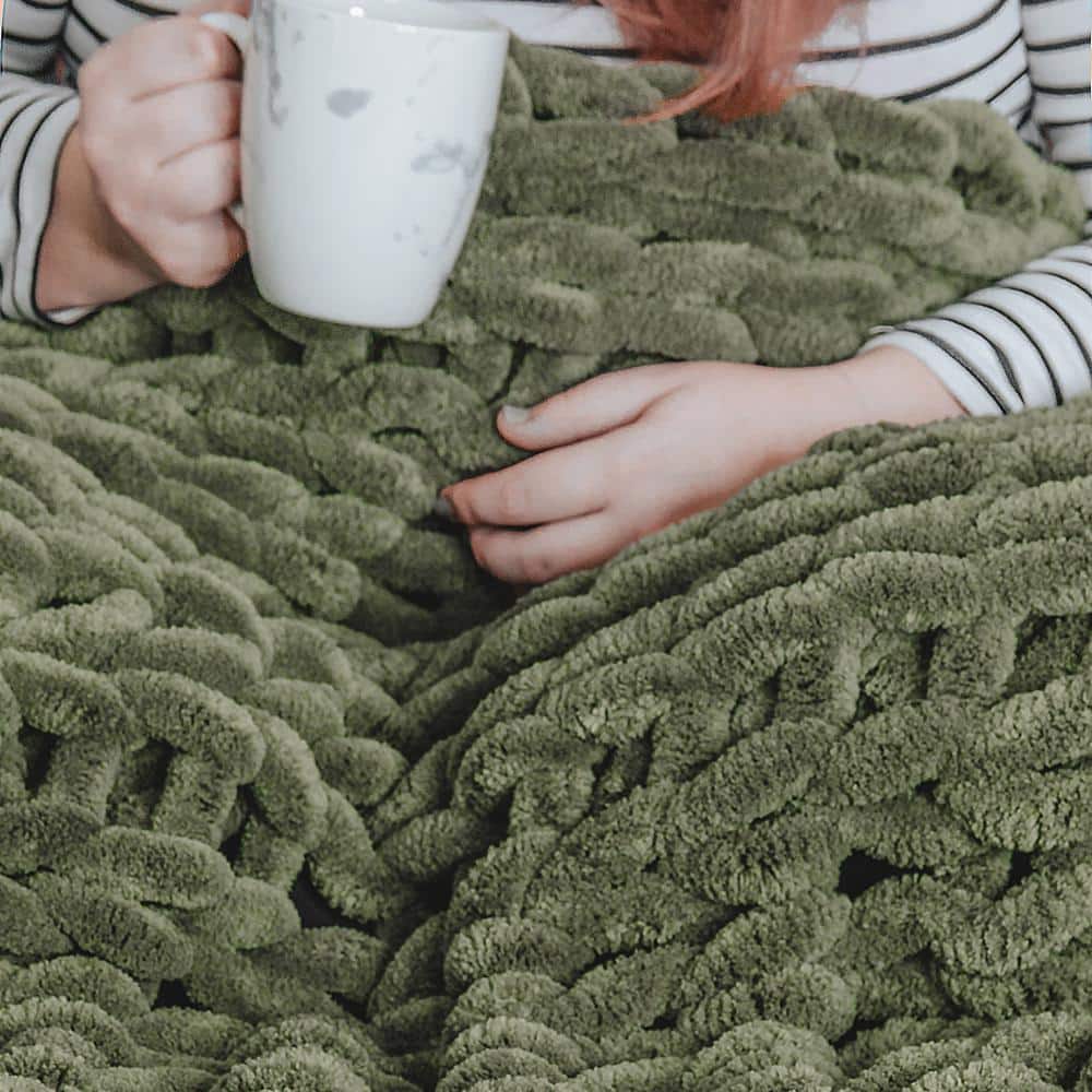 Cozy Olive Chenille Electric Knitted 50"x40" Reversible Throw
