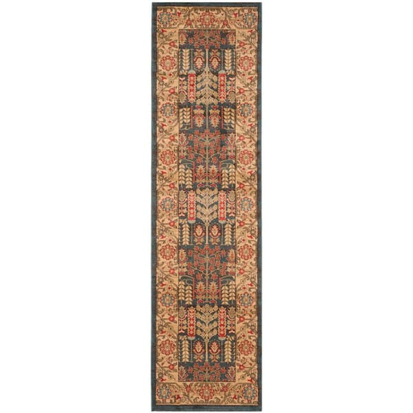 SAFAVIEH Mahal Navy/Natural 2 ft. x 6 ft. Antique Floral Border Runner Rug