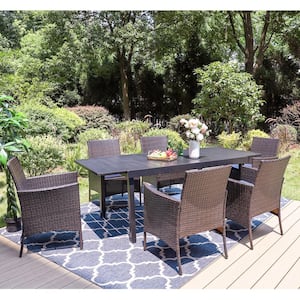 Black 7-Piece Metal Patio Outdoor Dining Set with Extendable Table and Rattan Chairs with Blue Cushion