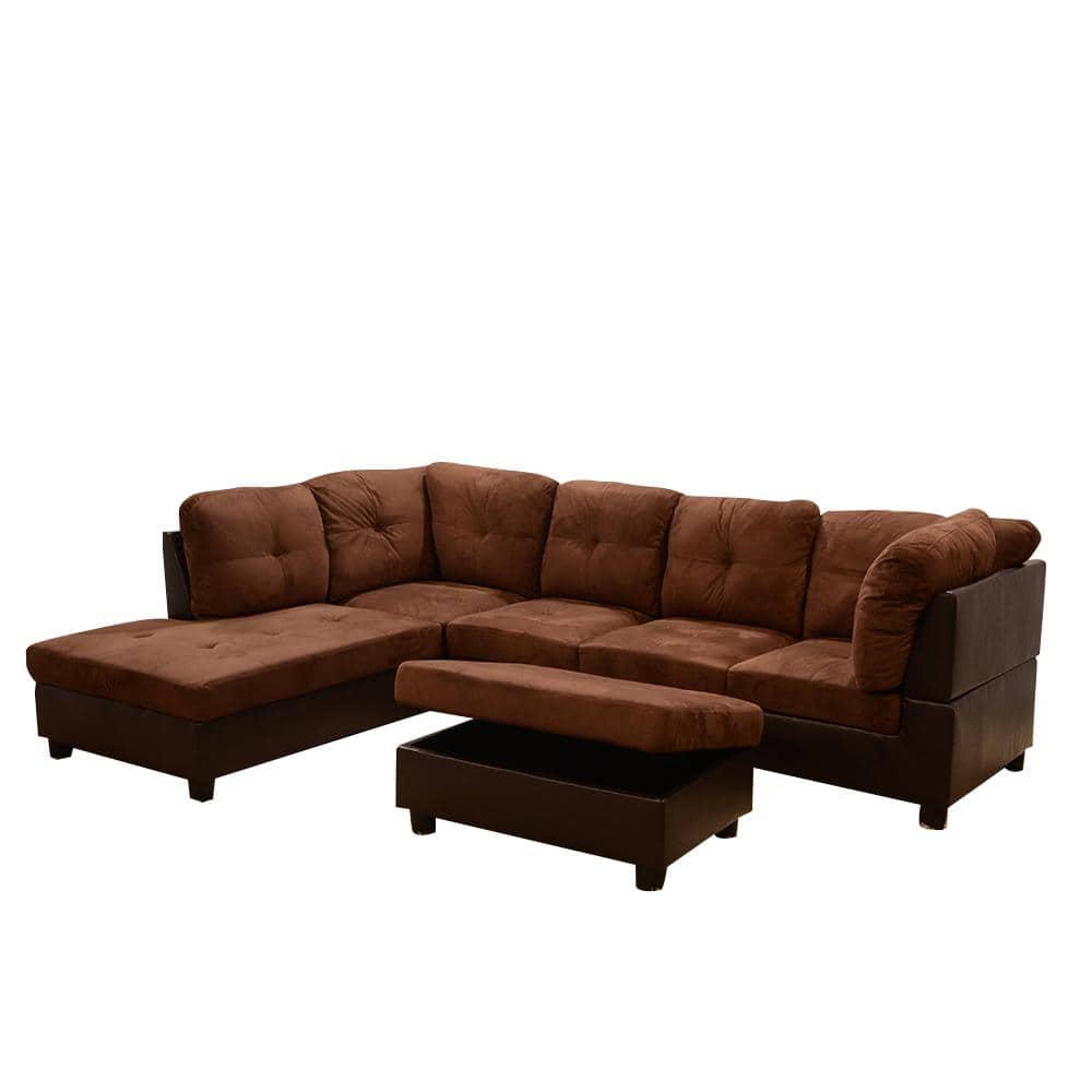 Left Facing Chaise Sectional Sofa, Brown Leather And Microfiber Sectional